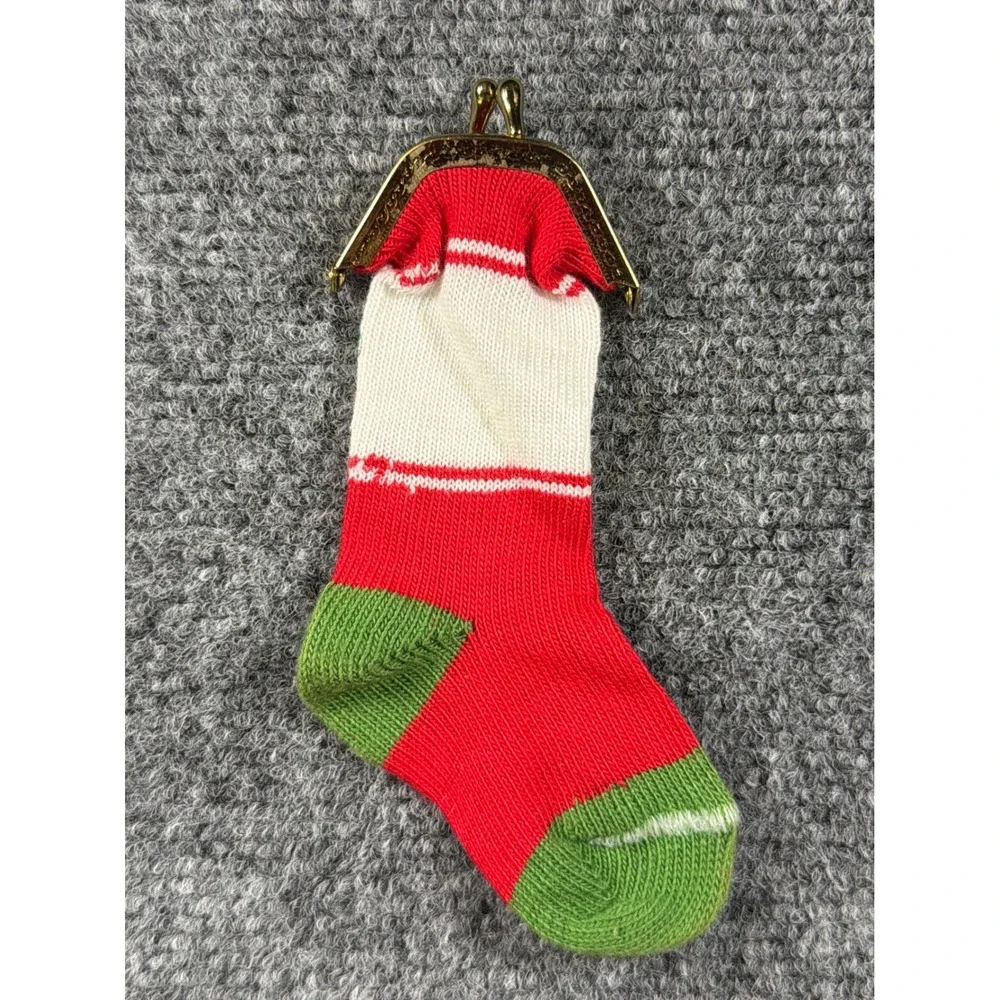 Vintage Christmas Stocking Coin Purse Kiss Lock Greetings Money Sock Red Green